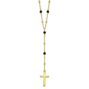 Sterling Silver Gold Genuine -tone Beaded Onyx Cross w/2 in ext. Necklace